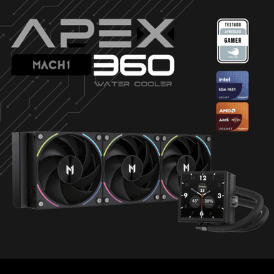 Water Cooler MACH1 APEX, ARGB, 360mm, com Tela LCD, AMD e Intel, Preto